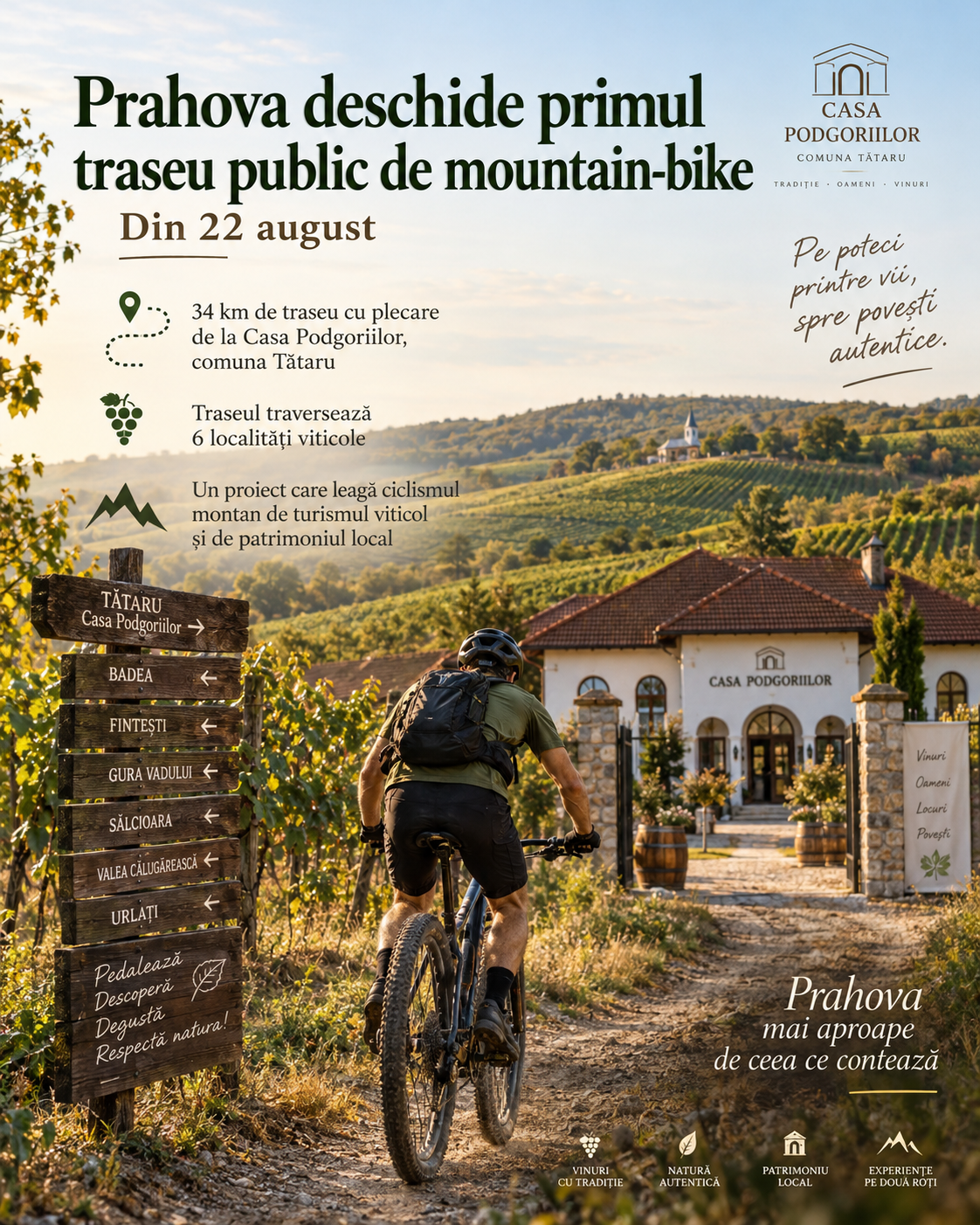 Prahova își deschide primul traseu public de mountain-bike: 34 de kilometri prin podgoriile de la Tătaru